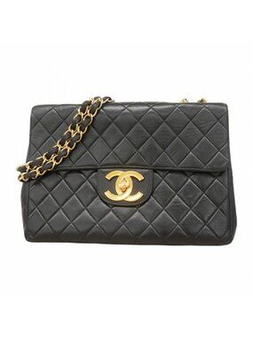 Chanel Shoulder Bag Big Quilted Lambskin Black Gold